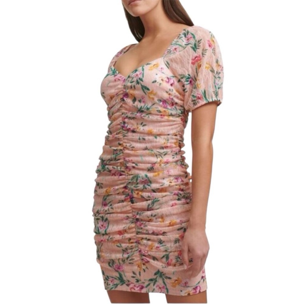 Guess Pink Floral Sweetheart‎ Neckline
Ruched Bodycon Puff Sleeve Mini Dress Y2K